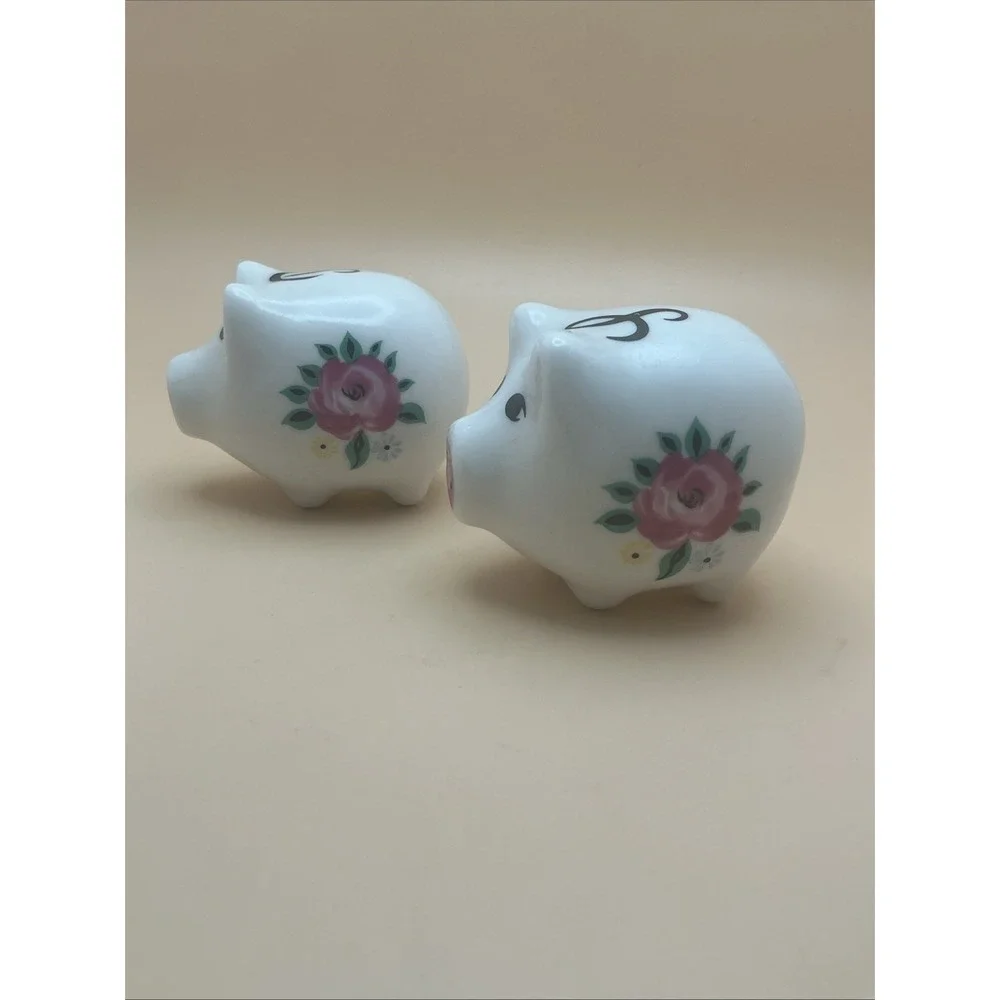 Vintage Pig Salt & Pepper‎ Shakers with Calligraphy Letters, Flowers.